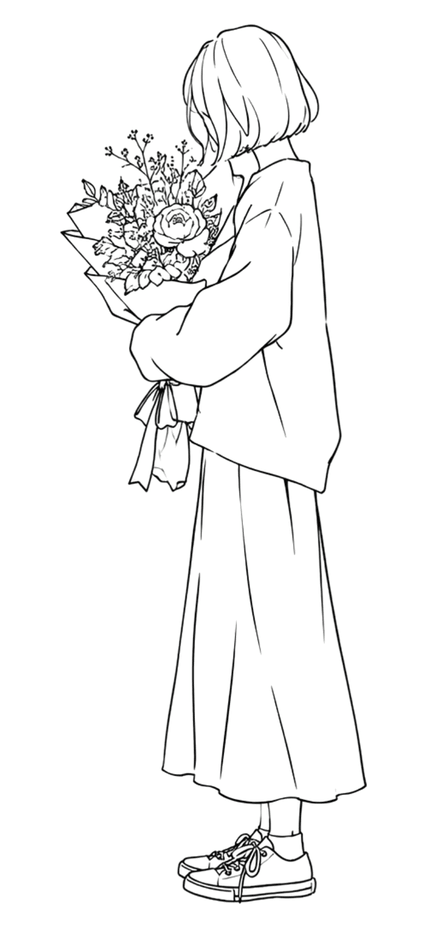 花束を抱えて立つRillのイラスト