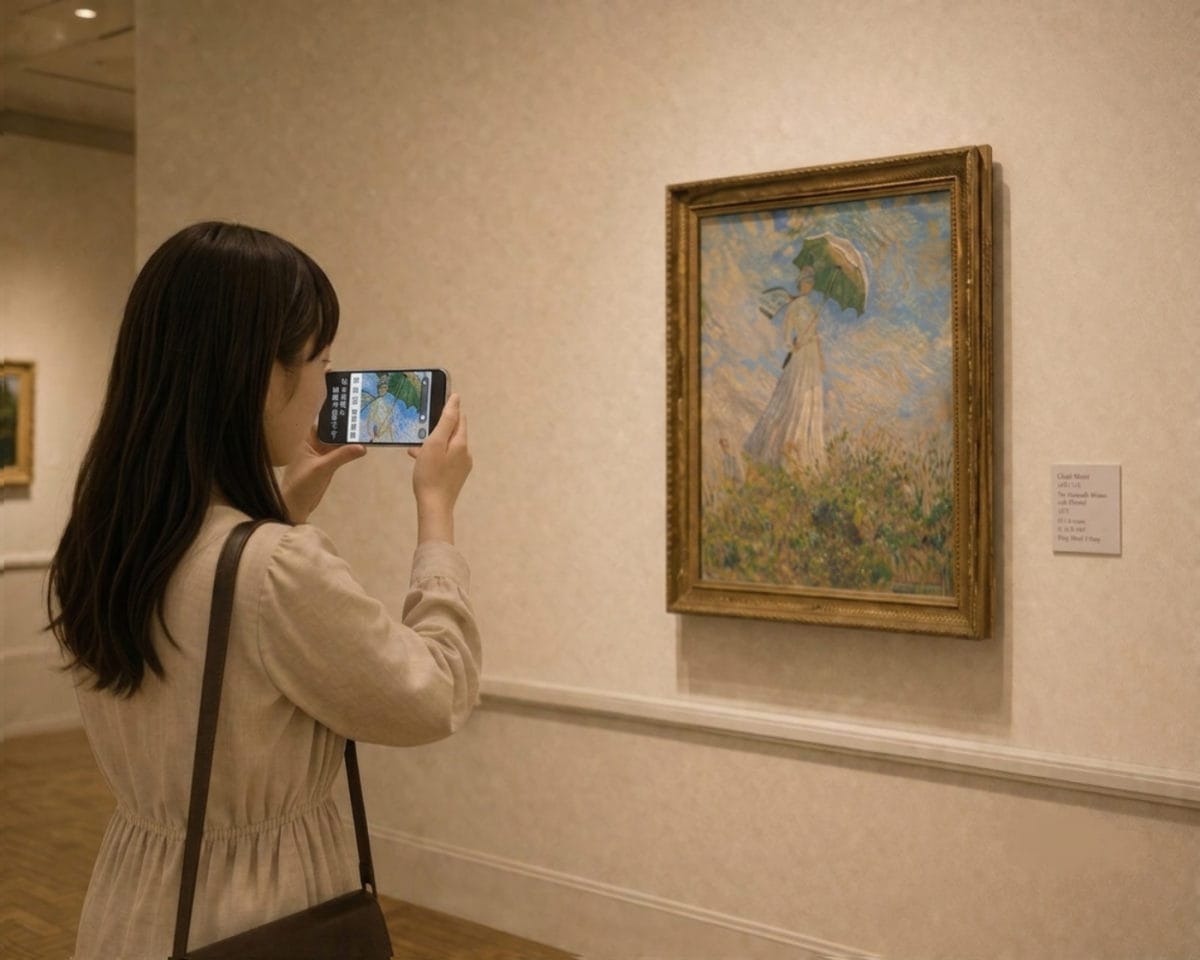 美術館で自然にスマートフォンをかざして鑑賞している様子