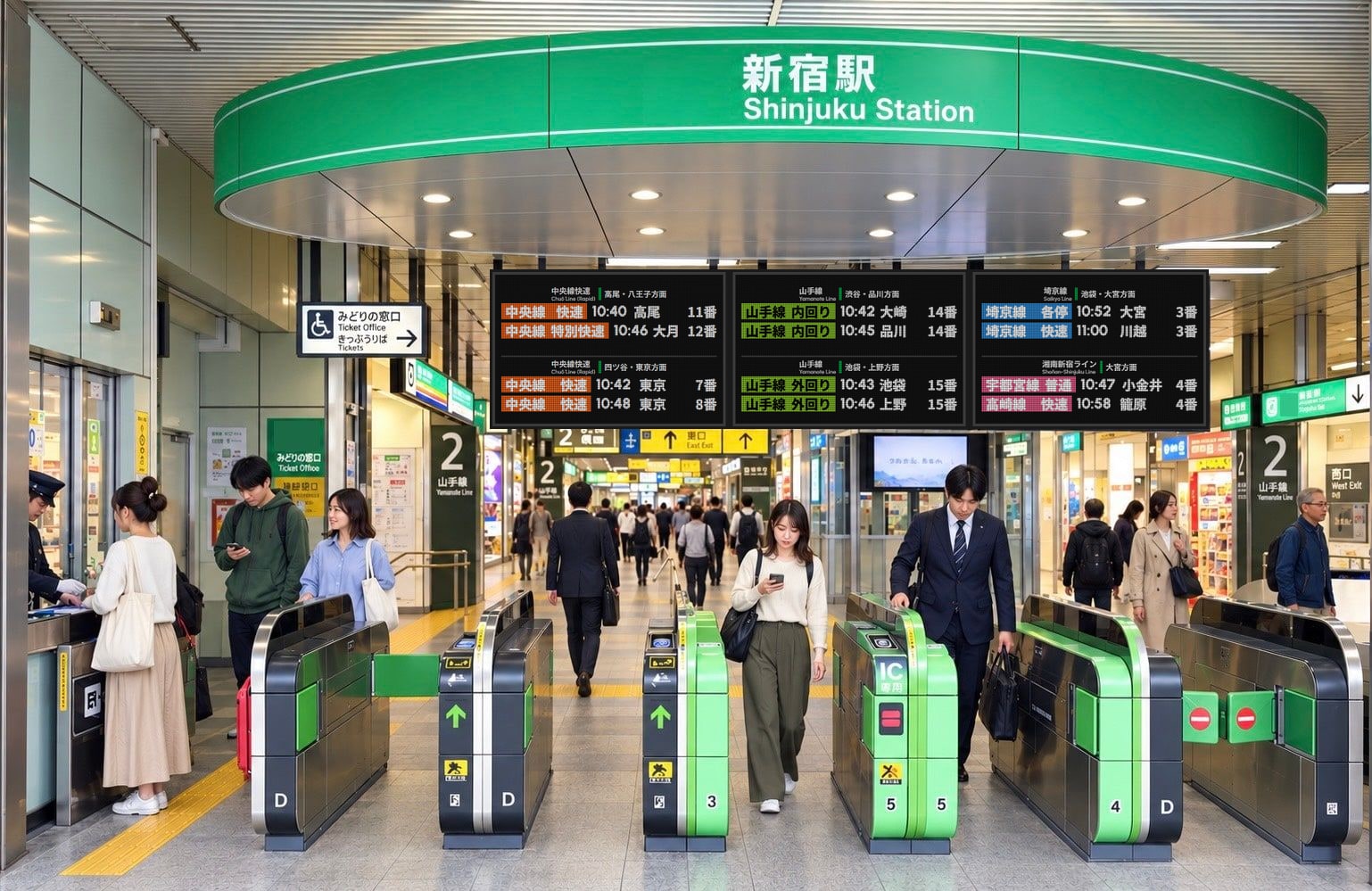 駅の改札口。天井から時刻表の看板が下がり、人々が行き交っている様子（イメージ）